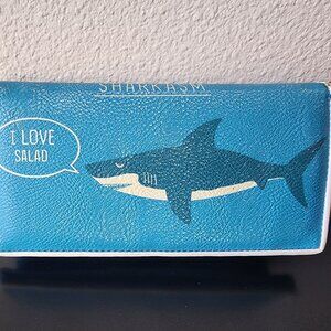 Y2K Ashley M Blue I Love Salad Sharkasm Bi-Fold Zip Around Wallet w/ Retro Shark